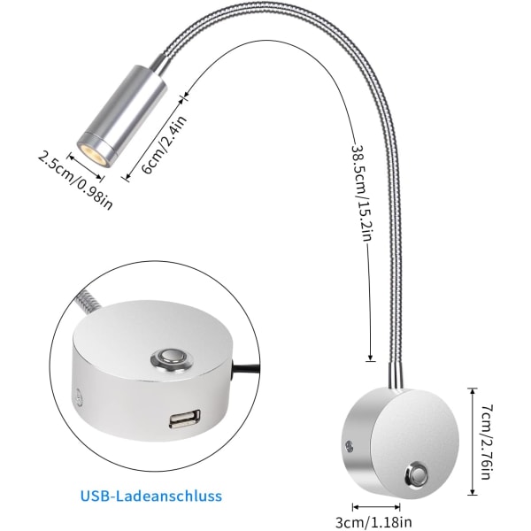 Vægmonteret læselampe, 3W LED vægmonteret sengelampe med dæmpbar, 360° drejelig sengelampe, 3000-6000K, sølv [Energiklasse C]