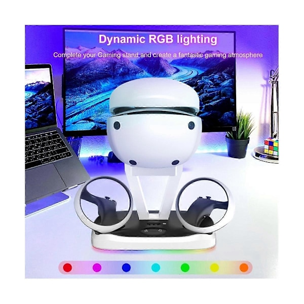 Opladestation til PS VR2 med farverigt RGB-lys og headsetholder, VR-spilcontrolleropladning