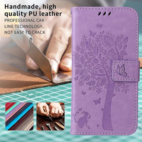 Cat Tree Pattern Leather Wallet Phone Case For Samsung Galaxy A36 5G, with Stand (Light Purple)