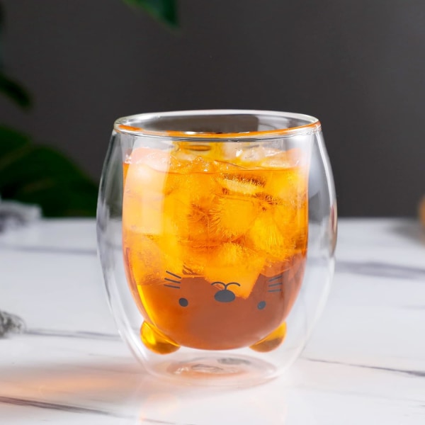 Kattmugg söta muggar glas dubbelväggig isolerad glas espressokopp, Kawaii-kopp, bästa present till kontor och personlig födelsedag jul (katt)