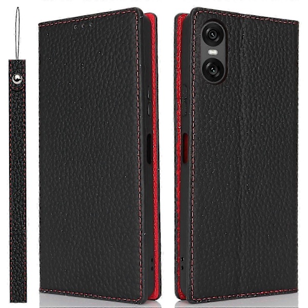 Til Sony Xperia 10 VI Etui Ægte Koskind Læderpung Stand Telefon Cover Style A
