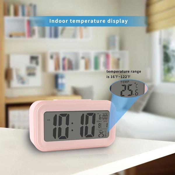 Digitalt vækkeur med indendørstemperatur, batteridrevet, snooze-model, 12/24H-visning til soveværelser, tunge sovende, børn, rejser, badeværelse, pink