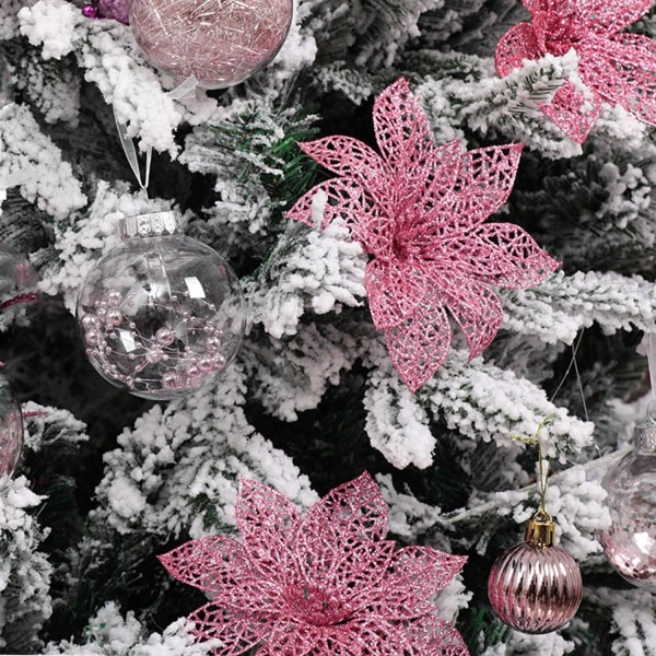 Heyone 10 st Rose Gold Glitter Julstjärna Blommor Julgransprydnader, Glittrig Julstjärna Buskar Juldekorationer