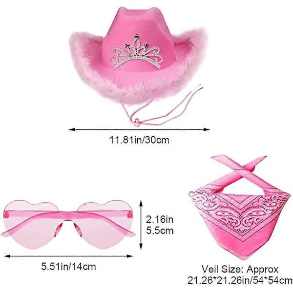 3 stk. Rosa Cowboy Print Cowboyhatt Hjerteformede Briller Paisley Cowboy Bandanaer Cowgirl Hatt Paljetter Halloween