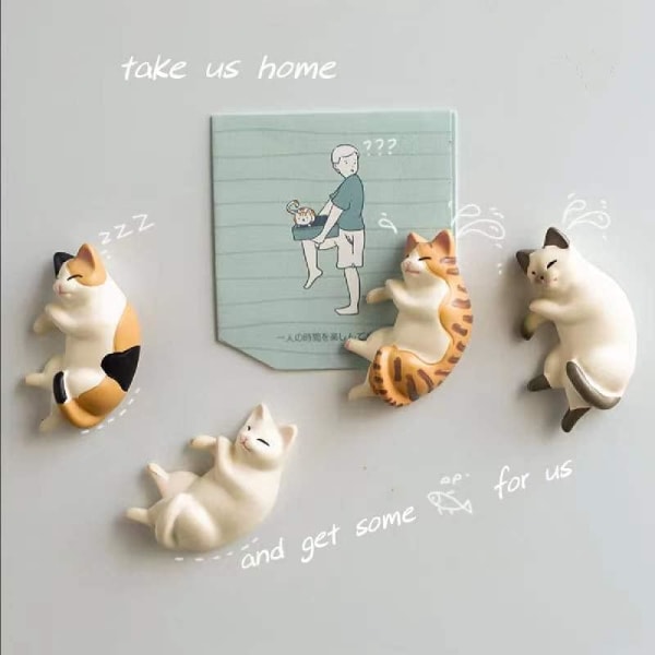 6 söta katter kylskåpsmagneter, liggande knubbig kattunge kylskåpsmagneter, Mini Kawaii dekorativa magneter för hemkök kontor klass