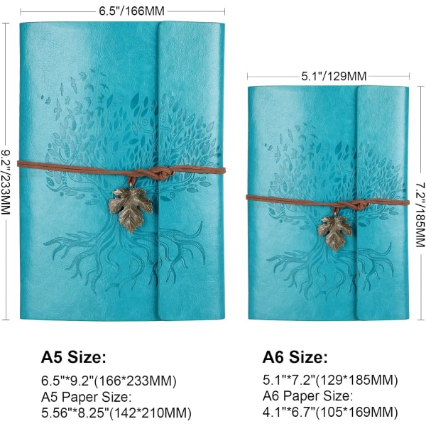 PU-lær notatbok, gjenfyllbar reisedagbok, gave til kvinner, menn, tenåringsjenter og gutter (blå, A6 5,1\" x 7,2\")
