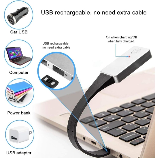 LED-læselys, USB-genopladeligt læselys, natlys, 3 lysstyrkemodusser, klipslampe på bogen, 360° fleksibel (sølv)