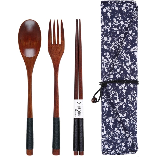 3 Piece Wooden Cutlery Set with Beautiful Storage Bag, Portable Eco-Friendly Spoon, Fork and Chopsticks Reusable Cutlery