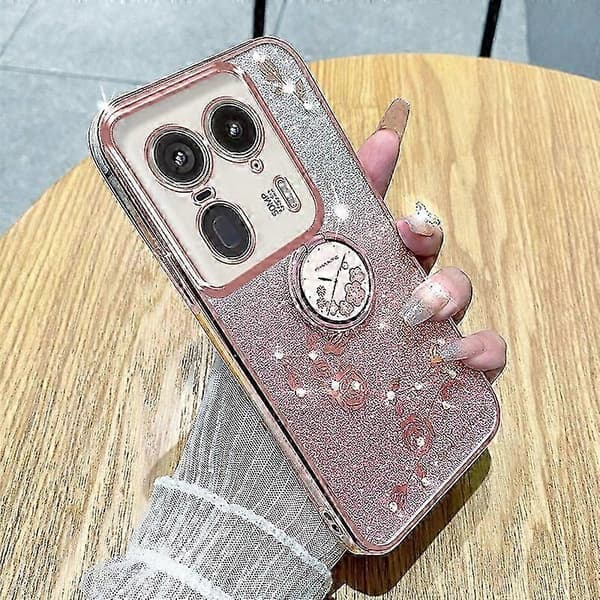 Gradient Glitter Floral Ring Phone Case with Stand Function Universal Fit (Pink, For Motorola Edge 50 Ultra)