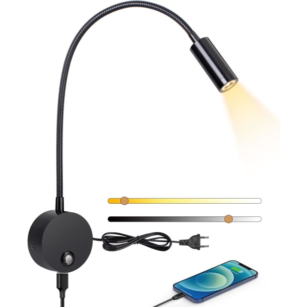 Vegglampe til lesing, LED veggmontert sengelampe, 3W 360° svingbar sengelampe med plugg, 3000-6000K, svart [Energiklasse C]