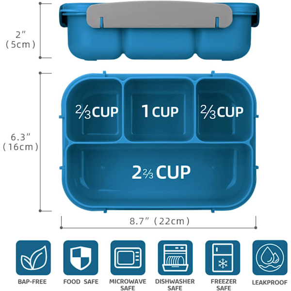 Bento Lunch Box, Bento Lunch Box för vuxna, Lunchbox för småbarn/barn/vuxna, 1300 ml - 4 fack och gaffel; läcksäker (blå)