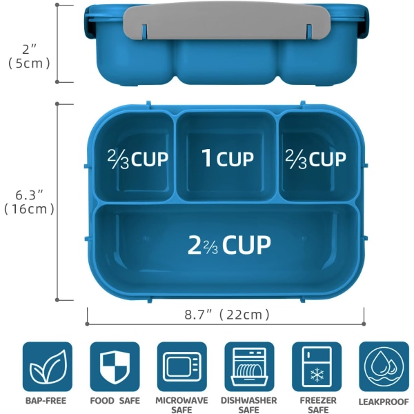 Bento Lunsjboks, Bento Lunsjboks for Voksne, Lunsjboks for Småbarn/Barn/Voksne, 1300 ml - 4 Rom og Gaffel; Lekkasjesikker (Blå)