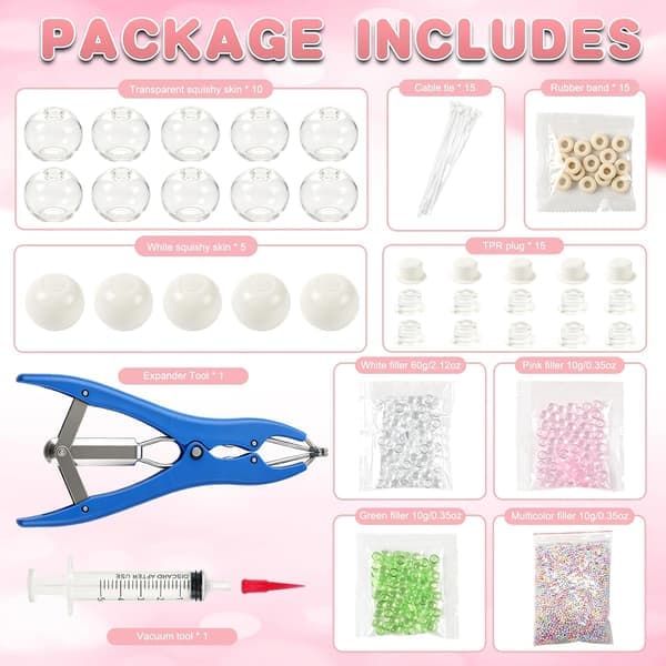 DIY Stress Ball Making Kit, 15 TPR Shells & 90g Fillings, Complete Squishy Making Kit with Expander & Vacuum Tool, ASMR Anxiety Relief