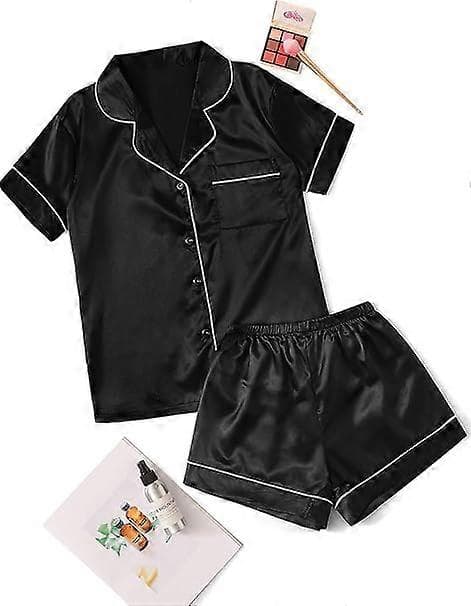 Sovkläder för kvinnor Kortärmad Satin 2-delad Pyjamas med knappar blå XL