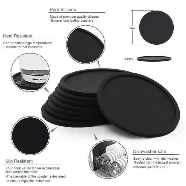 BPA-fri Silikone Coasters, Sæt med 8 Coasters - Runde, Sorte 10cm