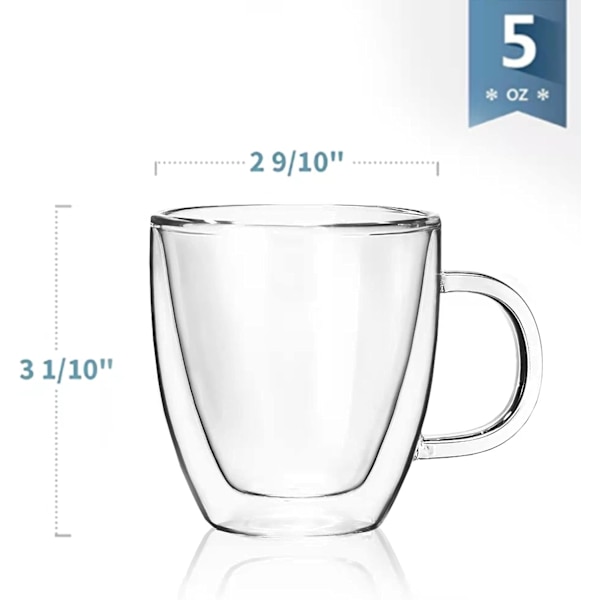 5,5 oz espressokopper (sæt med 4), dobbeltvæggede glaskaffekopper med håndtag isolerede glas espressokopper