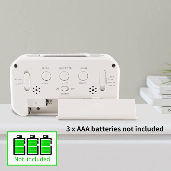 Digital väckarklocka med inomhustemperatur, batteridriven, snooze-modell, 12/24H-visning för sovrum, tunga sovare, barn, resor, badrum