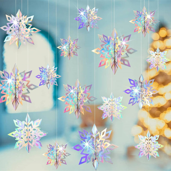 Christmas Hanging Snowflakes Decorations 15 Pack 3D Iridescent Paper Snowflakes Rainbow Snow Flakes Garland for Christmas Party Decorations Supplies