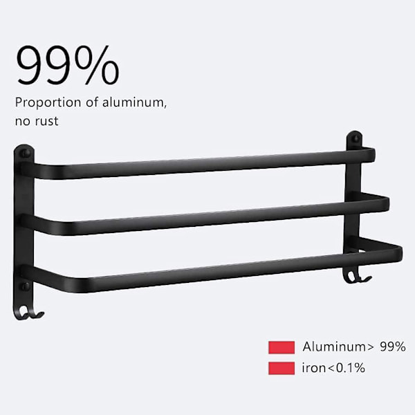 Vægmonteret håndklædeholder i aluminium - 3 lag - vandtæt - sort - 30 cm - til badeværelse, køkken, badeværelse - 30 cm