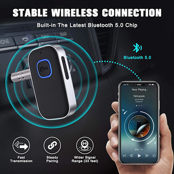 Bluetooth 5.0 bilmodtager, støjreduktion Bluetooth AUX-adapter, hjem stereo/kablet headset/håndfri opkald Bluetooth musikmodtager.