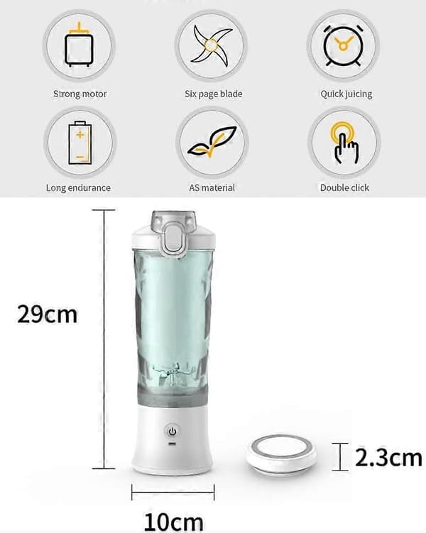 Bærbar blender 20 oz USB genopladelig med 6 knive til smoothies og shakes sort