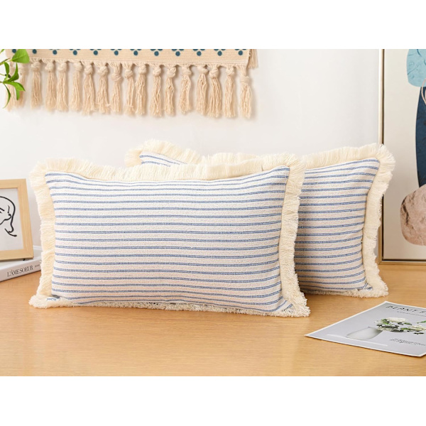 Set med 2 lyseblå Boho putetrekk 12 x 20, bomullsnøytrale putetrekk med duskfrynse, dekorative pynteputer