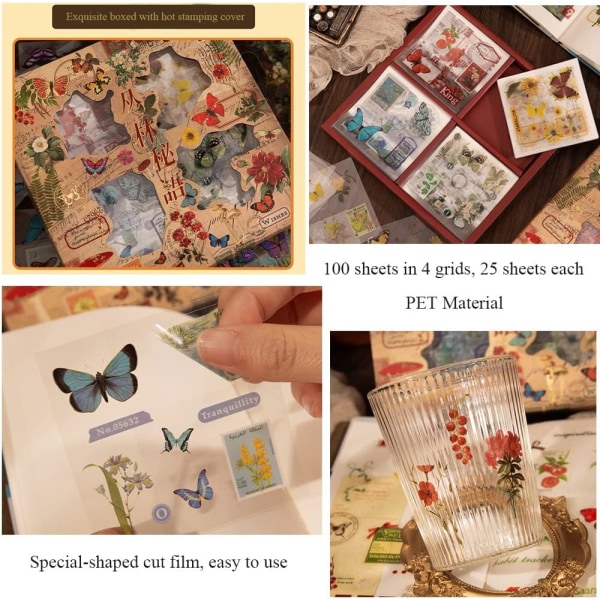 Retro dekorativa klistermärken Presentförpackning 100 ark, journalföring Vattentät PET Butterfly Plant Flower Stickers för Scrapbook