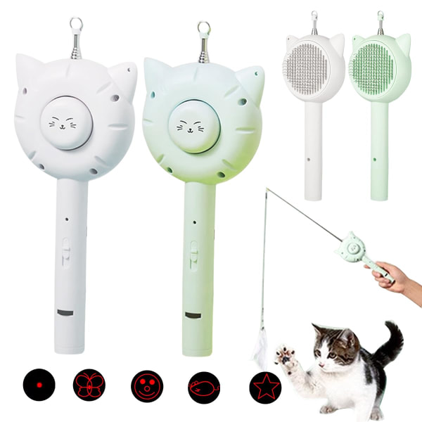 5 in 1 Cuddles And Meow Cat Brush with Release Button Pet Hair Cleaner Brush for Cats and Dogs, Pet Grooming Self Cleaning Brush (Green+White)