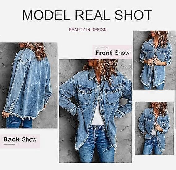 Oversized denimjakke til kvinder Afslappet lang kæreste-denimjakke med slidt look Efterår Forår Himmelblå M