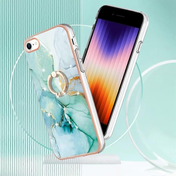 Case for iPhone 7 8 SE (2020) SE (2022) with Ring Kickstand Marble Pattern Electroplating TPU Back Cover C (Green 003)