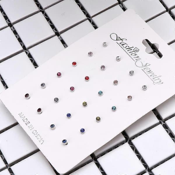 Simple 12 Pairs Earrings Stud Ear Bone Nails Rainbow Cubic Zirconia Stud Earrings