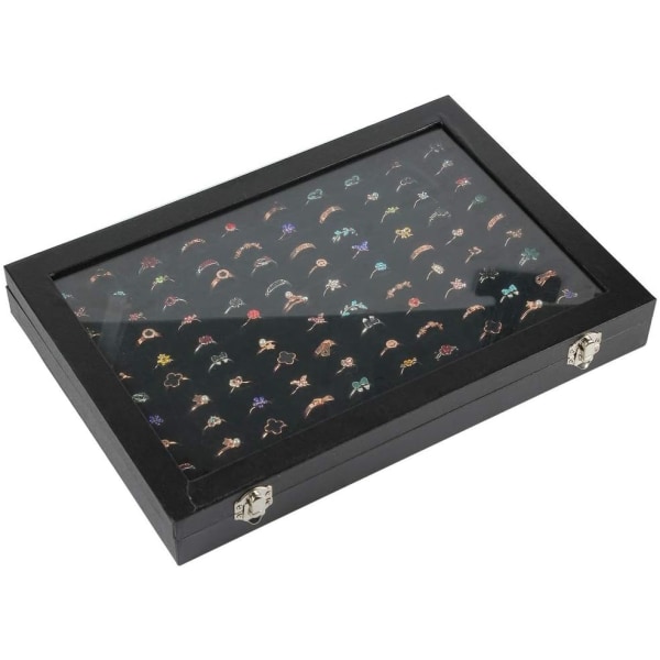 Ring Display Case Organizer Box med gjennomsiktig lokk, Ring Holder Showcase For Store Display Jewelry Show Home, Ring(100 Slot, Black)