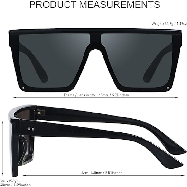 Kvadratiske Oversized Solbriller for Kvinner Menn Store Flat Top Fashion Shield Store UV-beskyttelse Rammeløse Nyanser
