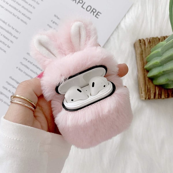 Compatible with AirPods Furry Bunny Case Girls 3D Cartoon Cute Rabbit Ears Plush Fluffy Warm Carrying Case for AirPods 1 & 2 Pink