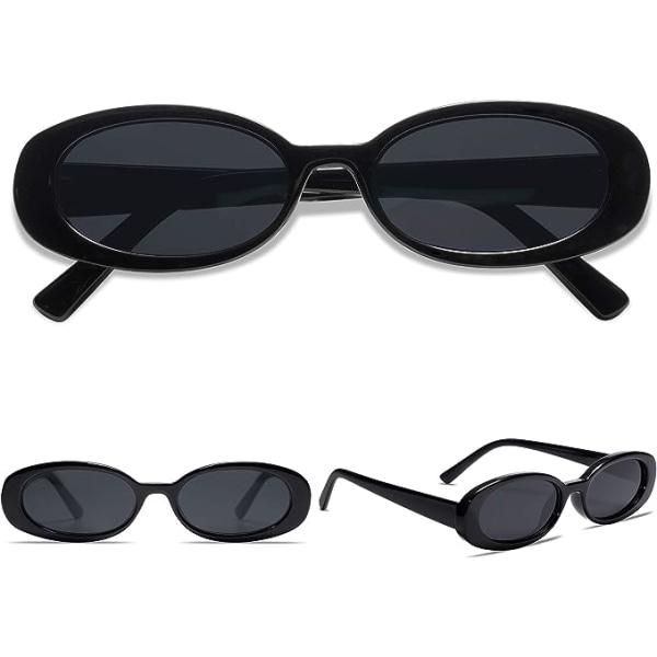 90-talssolglasögon för kvinnor män, retro ovala solglasögon smala glasögon polariserat UV400-skydd (svart, grått)