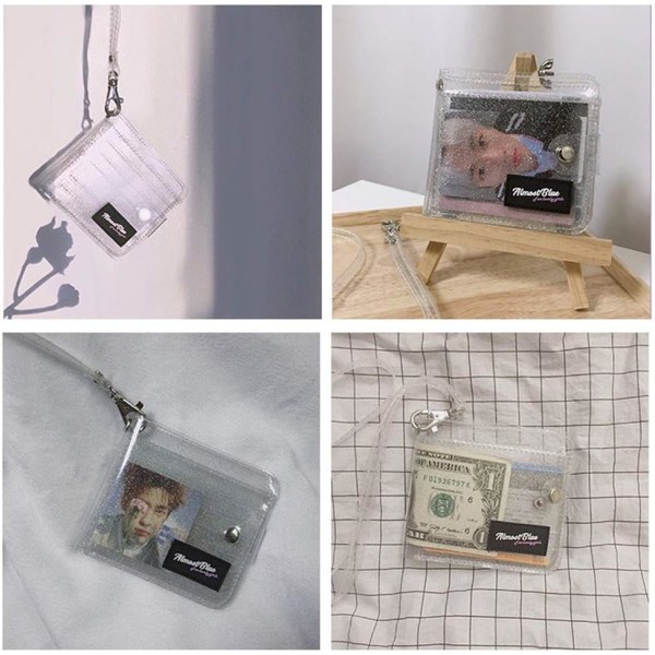 Genomskinlig plånbok för kvinnor, tvåfaldig plånbok med snöre Söt gelémyntpåse ID- case, silver, liten, tvåfaldig plånbok