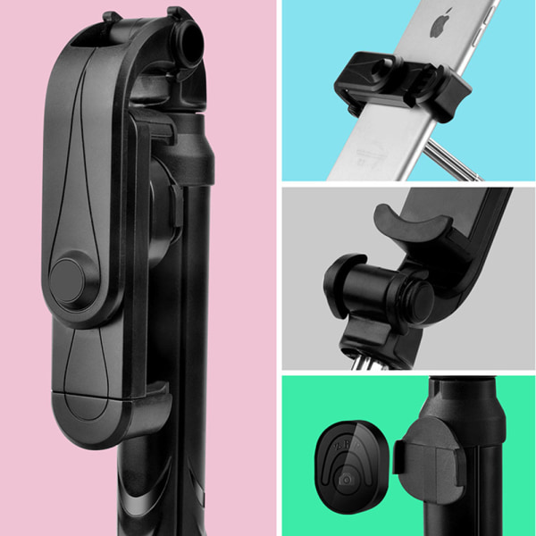 Infällbart Selfie Stick-stativ med löstagbar trådlös fjärrkontroll och Tripod Selfie Stick-svart