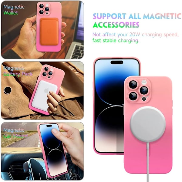 Magnetisk etui til iPhone 14 Pro Max med kameralinsebeskytter, [Kompatibel med Magsafe] Luksus gradientfarve cover mat (Pink&Rød)