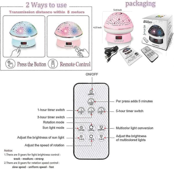 Star Projector Lamp, Starry Sky Night Light Table Lamp, 360° Rotating Remote Control / Multi-color Night Light (Pink)