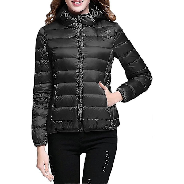 Lättvikts Dunjacka med Huva för Dam, Packbar Vadderad Jacka, Ultralätt Kort Dunjacka med Förvaringsväska från GuanGuan B-black X-Large