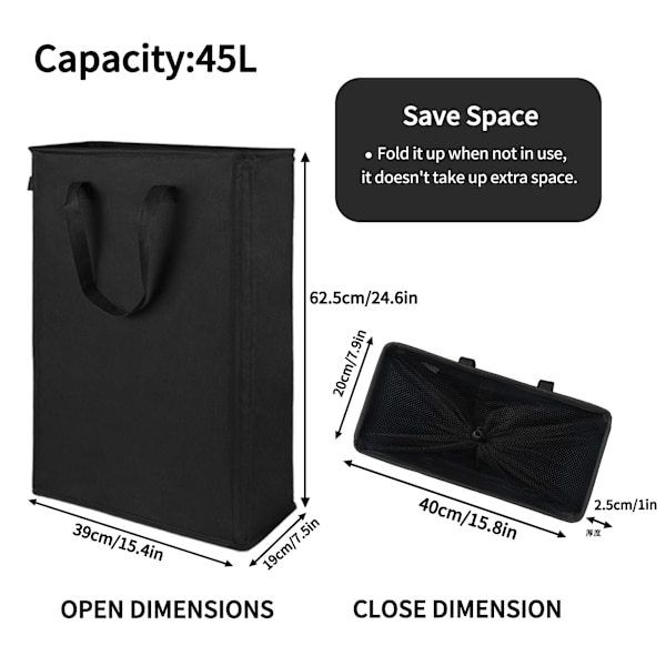 2-pack Slim Laundry Basket, Foldable Laundry Hamper, Thin Dirty Clothes Storage, Slim Foldable Laundry Bag, Space-Saving Basket Black