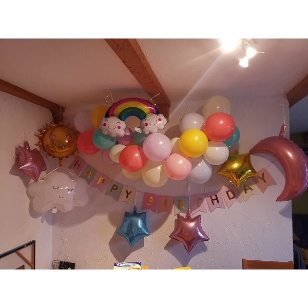 Pastelfarvet ballonbue-sæt, 53-delt regnbue-skyballon-sæt, fødselsdagsfestdekoration med himmeltema og Happy Birthday-banner