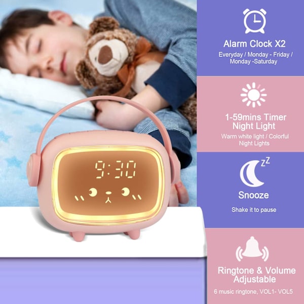 Digital barnklocka, väckarklocka för pojkar och flickor, alarm nedräkning med ljus, justerbar volym barnklocka