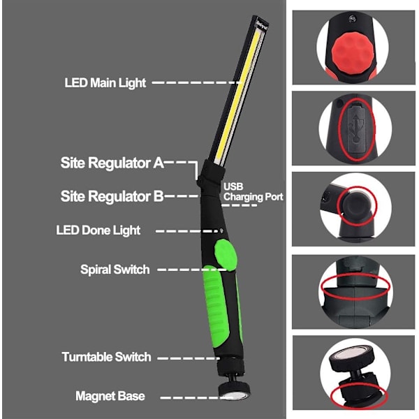 Oppladbare arbeidslys, LED arbeidslys med magnetisk base og 360° rotasjonsstativ, COB lyse lommelykter