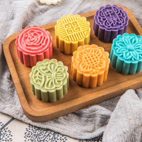 Måne kageform 6 stk., Mid Autumn Festival DIY håndpresse kage stempler wienerbrød værktøj måne kage maker, blomst mønstre 1 form 6 stempler 50g (hvid).