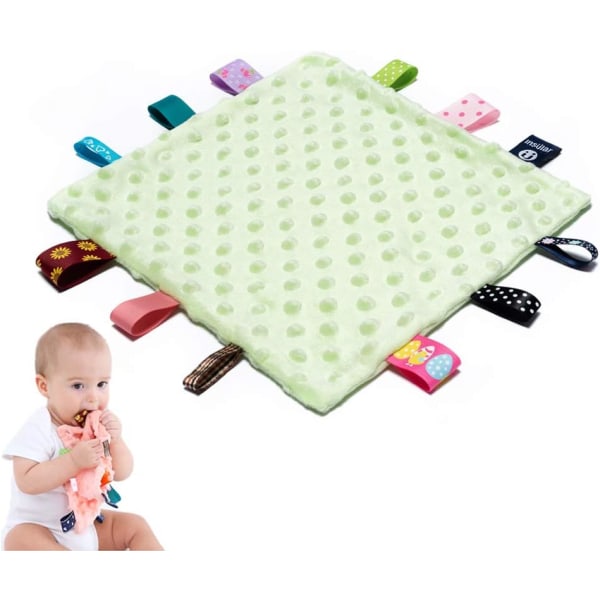 Baby Säkerhetsfiltar - Lugnande plyschfilt för baby med färgglada etiketter, 10"X10" fyrkantiga sensoriska leksaker-blå