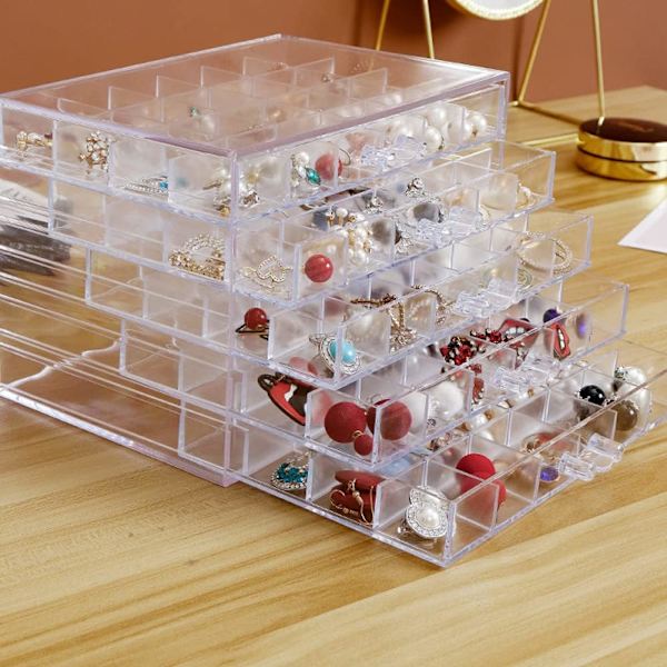 Ørepynt Oppbevaringsboks Organizer, Akryl Smykke Oppbevaringsboks Holder 5 Skuffer Transparent Smykke Display Stativ med 120 Små (Klar)
