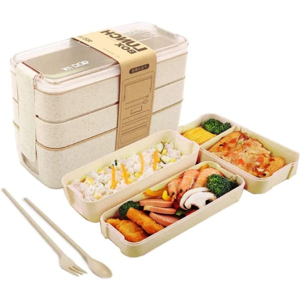 Lunchbox bento box snackbox för barn och vuxna med 3 fack läckagesäker mikrovågsugn tillverkad (beige)