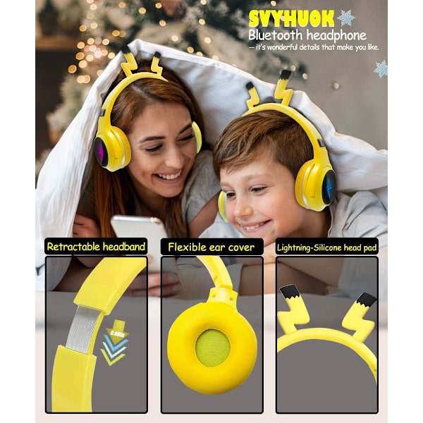 Børneheadset spilheadset med mikrofon, LED-lys, foldbar stereo $ Børneheadset Bluetooth stereoheadset - Pikachu gul