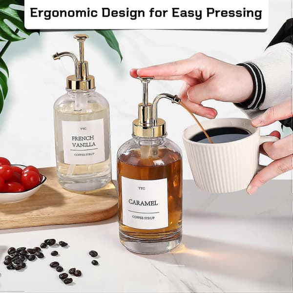 Kaffesyrupdispenser-set med vattentäta etiketter, 16,9 oz glasflaskor med pump, 4-pack för kaffebar